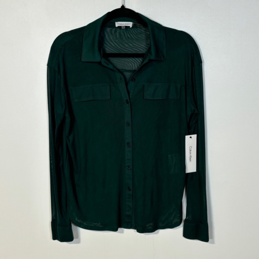 Calvin Klein Green Shirt Women’s XS Button Down Long Sleeve Slightly Sheer NWT